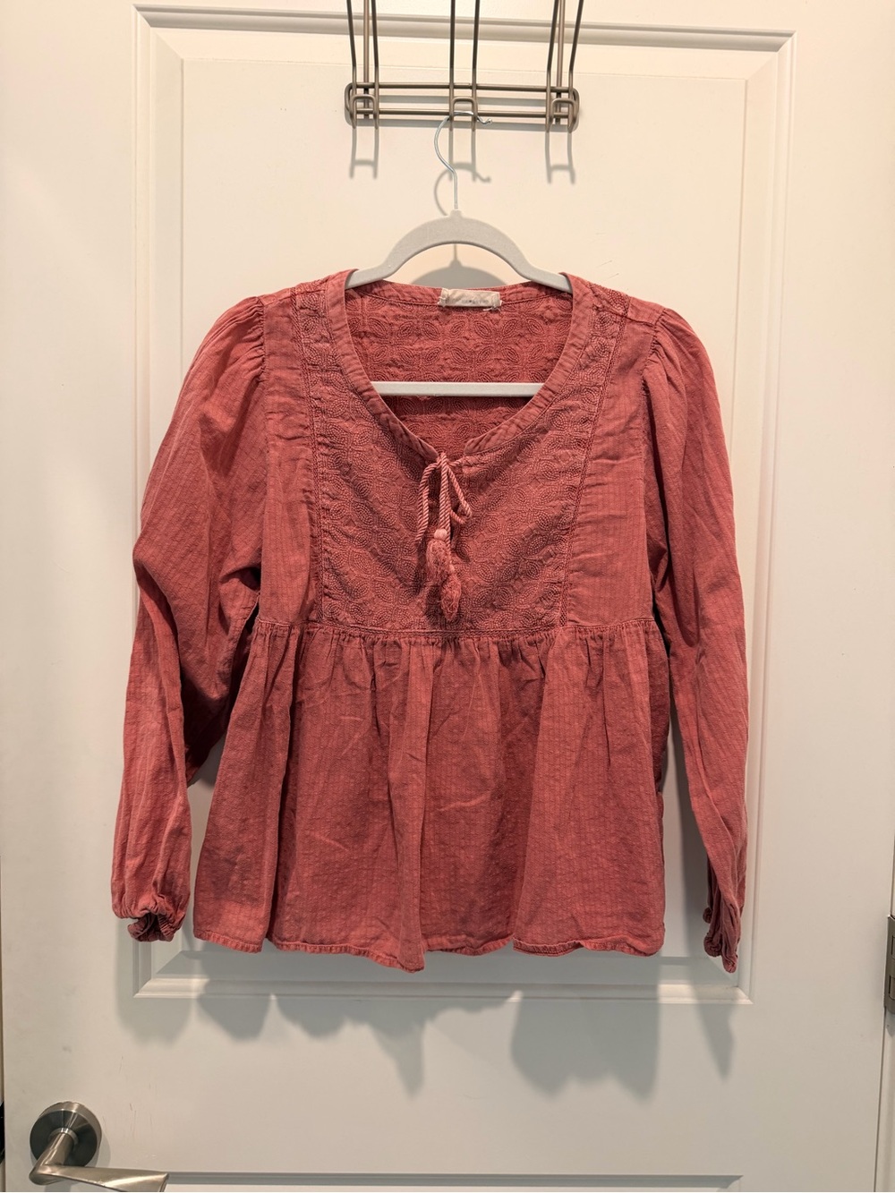Lucky Brand Women's Long Sleeve Peasant Blouse Pink Textured Tie Front Medium